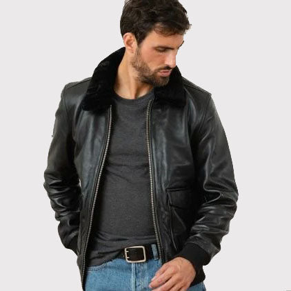 Classic Black Cowhide Leather Bomber Jacket - AMSEL LEATHERS