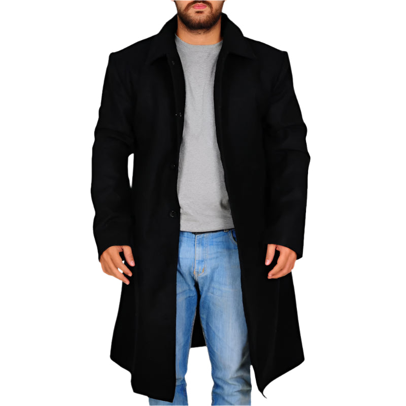 Classic Black Wool Trench Coat - AMSEL LEATHERS