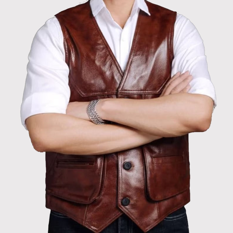 Classic Brown Men's Leather Riding Vest - AMSEL LEATHERS