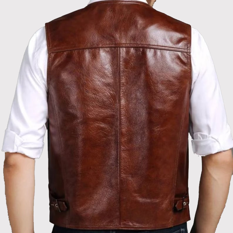 Classic Brown Men's Leather Riding Vest - AMSEL LEATHERS