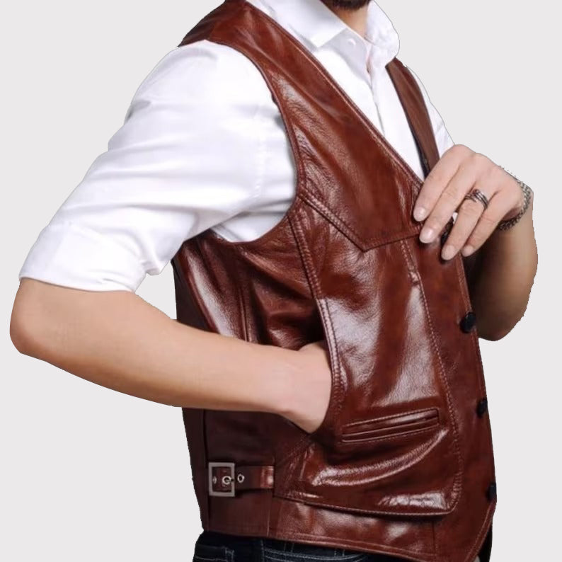 Classic Brown Men's Leather Riding Vest - AMSEL LEATHERS