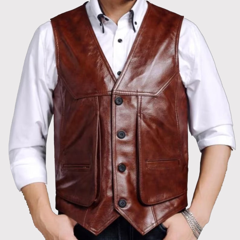 Classic Brown Men's Leather Riding Vest - AMSEL LEATHERS