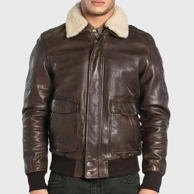 Classic Brown Sheepskin Leather Aviator Bomber Jacket - AMSEL LEATHERS