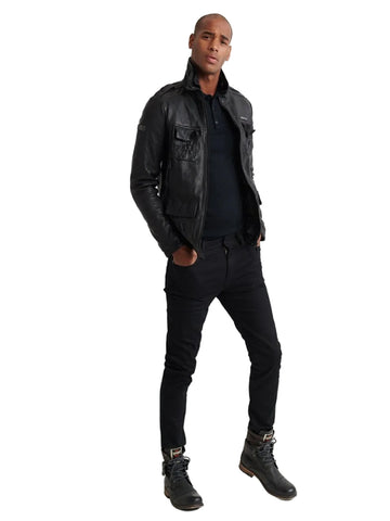 men's black leather racer jacket armand front view