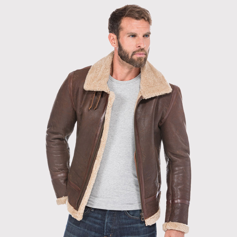 Classic Men's Bomber Shearling Brown Leather Jacket - AMSEL LEATHERS