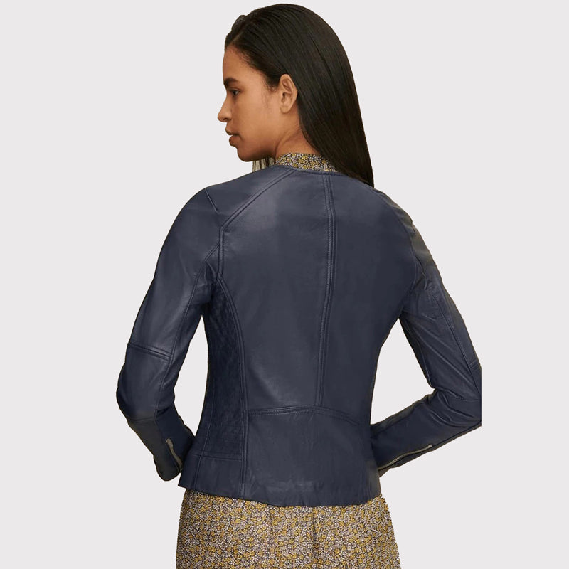 Classic Women's Blue Leather Jacket Crew Neck - AMSEL LEATHERS