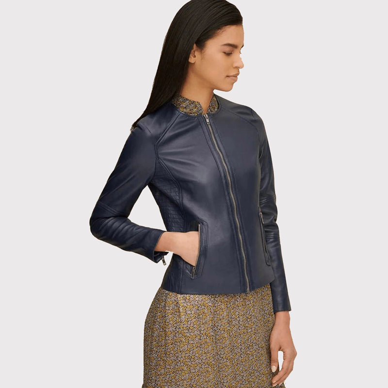 Classic Women's Blue Leather Jacket Crew Neck - AMSEL LEATHERS