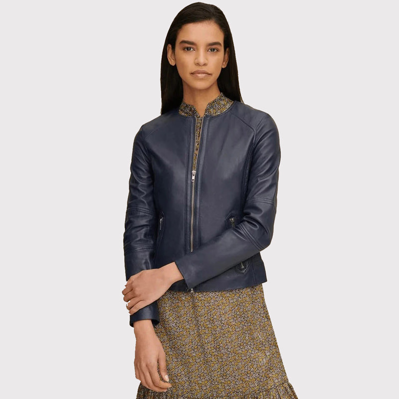 Classic Women's Blue Leather Jacket Crew Neck - AMSEL LEATHERS