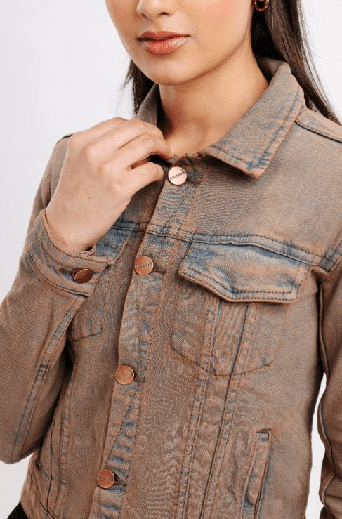 Women’s Distressed Denim Trucker Jacket - Brown Casual Style - AMSEL LEATHERS