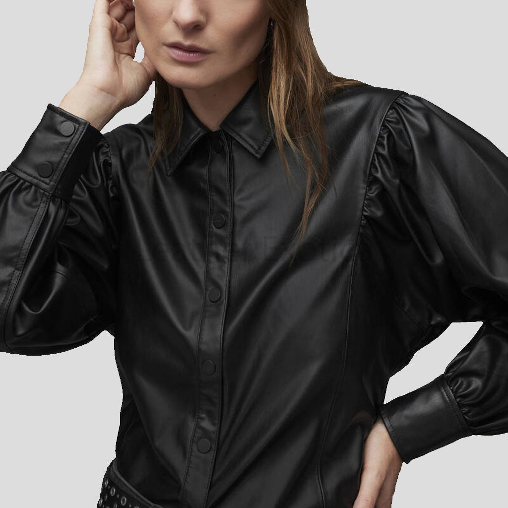 Classy Black Balloon Sleeve Leather Shirt for Women - AMSEL LEATHERS