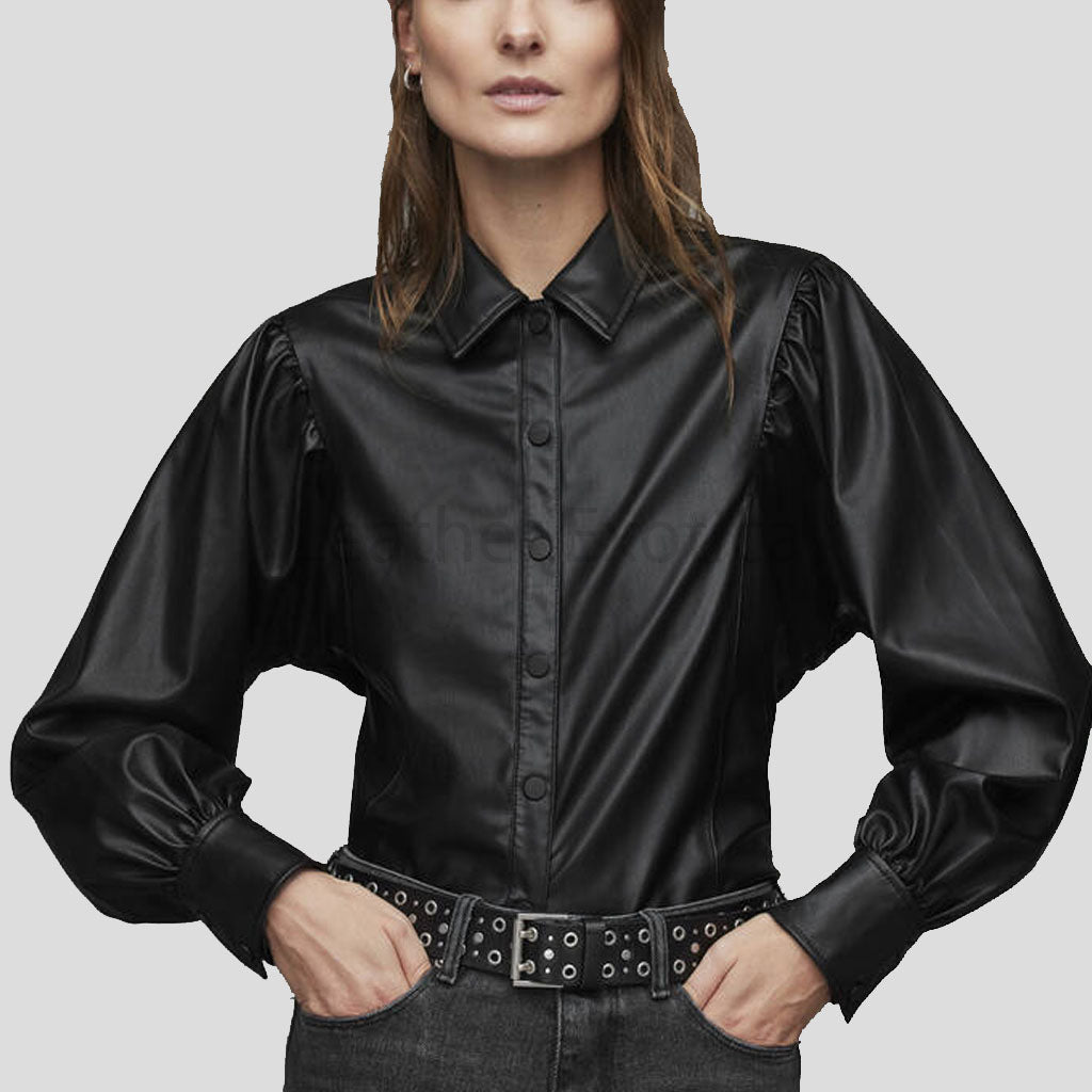 Classy Black Balloon Sleeve Leather Shirt for Women - AMSEL LEATHERS