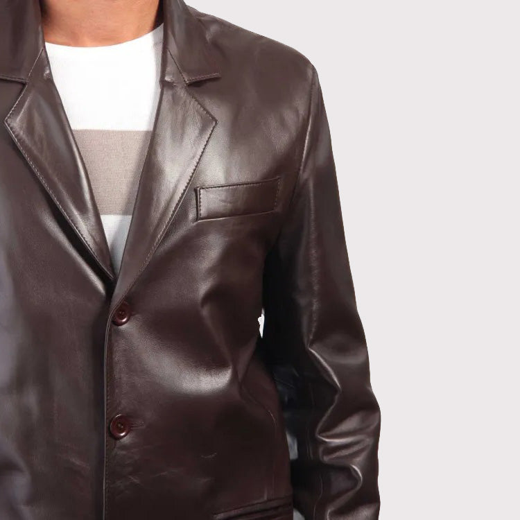 Dark Brown Leather Blazer in Coat Style for Men - AMSEL LEATHERS