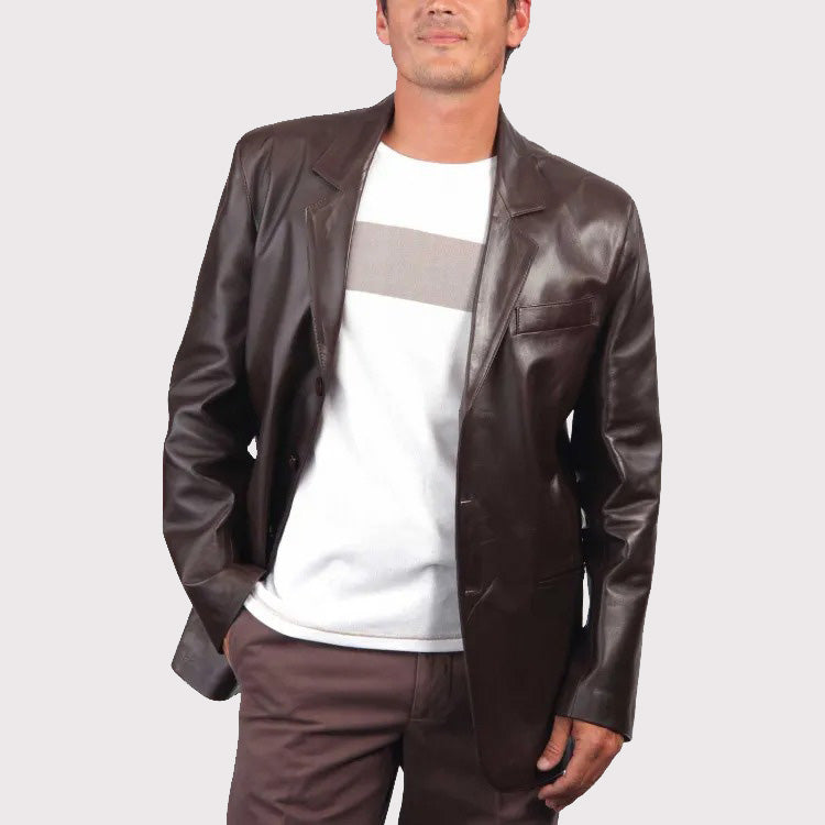 Dark Brown Leather Blazer in Coat Style for Men - AMSEL LEATHERS