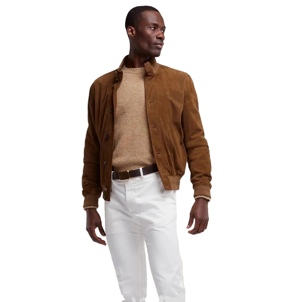 men's tan suede leather jacket valen front view