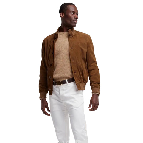 men's tan suede leather jacket valen front view
