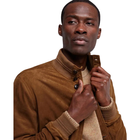men's tan suede leather jacket valen detail close up