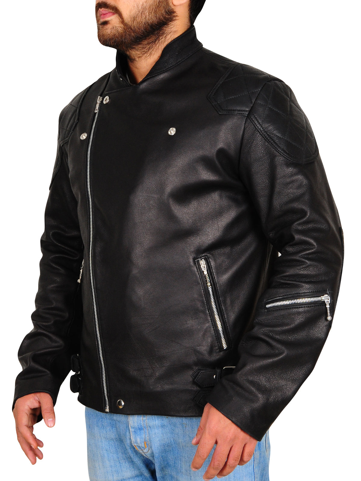 men's black leather biker jacket garrick side angle