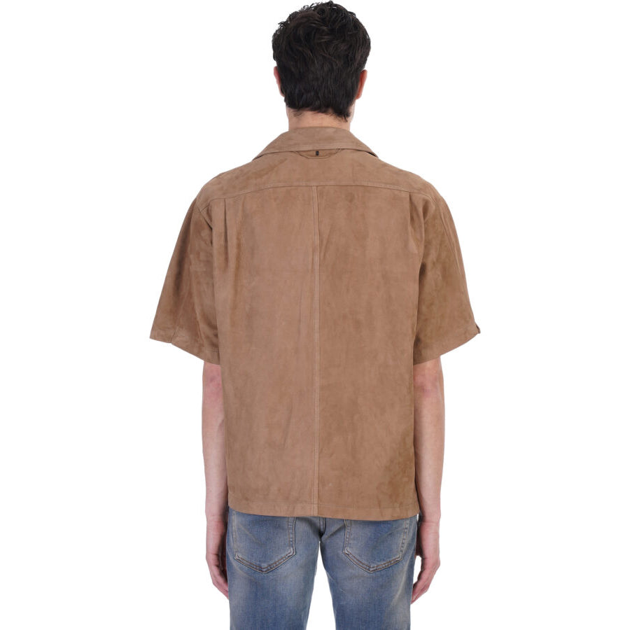 Cream Brown Half Sleeves Suede Leather Shirt Men's - AMSEL LEATHERS