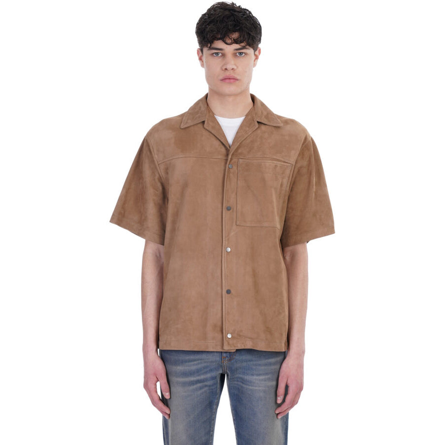 Cream Brown Half Sleeves Suede Leather Shirt Men's - AMSEL LEATHERS