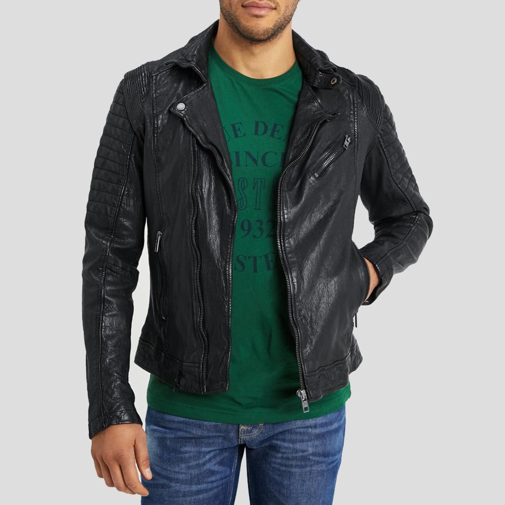 men's black quilted lambskin leather biker jacket henrik front view