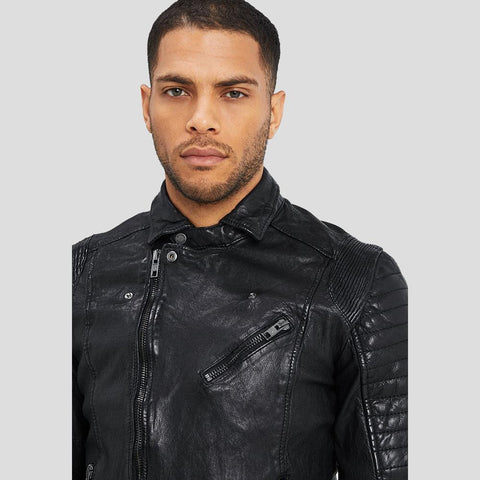 men's black quilted lambskin leather biker jacket henrik detail close up