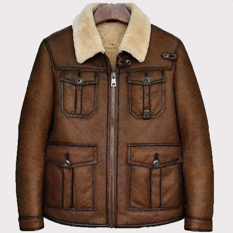 Classic Dark Brown B3 Shearling Bomber Jacket - Men's Pilot Fur Coat - AMSEL LEATHERS