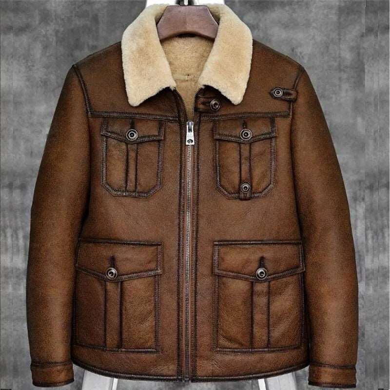 Classic Dark Brown B3 Shearling Bomber Jacket - Men's Pilot Fur Coat - AMSEL LEATHERS