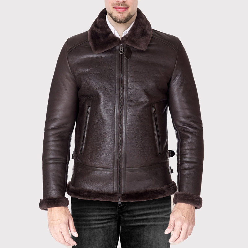 Stylish Dark Brown Shearling Lamb Biker Jacket - AMSEL LEATHERS