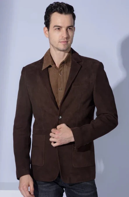 Dark Brown Suede Leather Blazer for Men - AMSEL LEATHERS