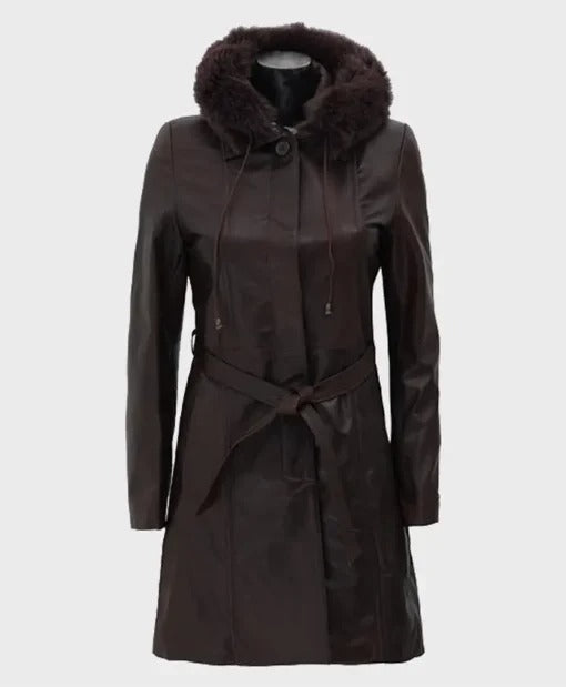 Dark Brown Women’s Fur Hooded Leather Coat - AMSEL LEATHERS