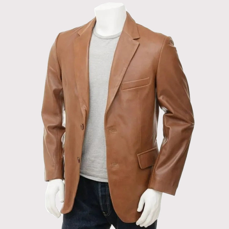 Designer Brown Lambskin Leather Blazer with Two Buttons for Men - AMSEL LEATHERS