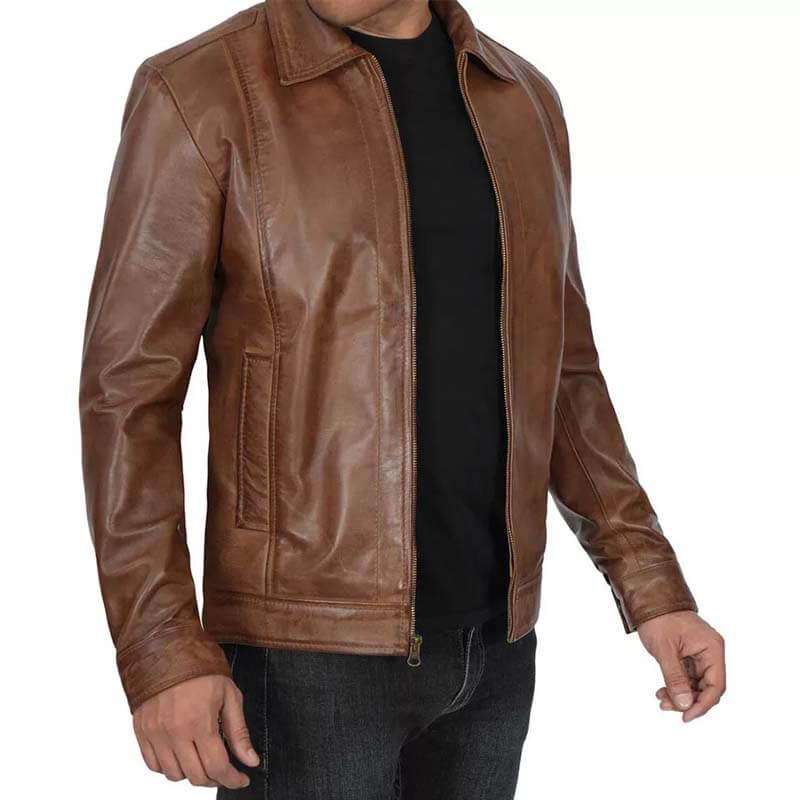 Men's Genuine Distressed Brown Cafe Racer Leather Jacket - AMSEL LEATHERS