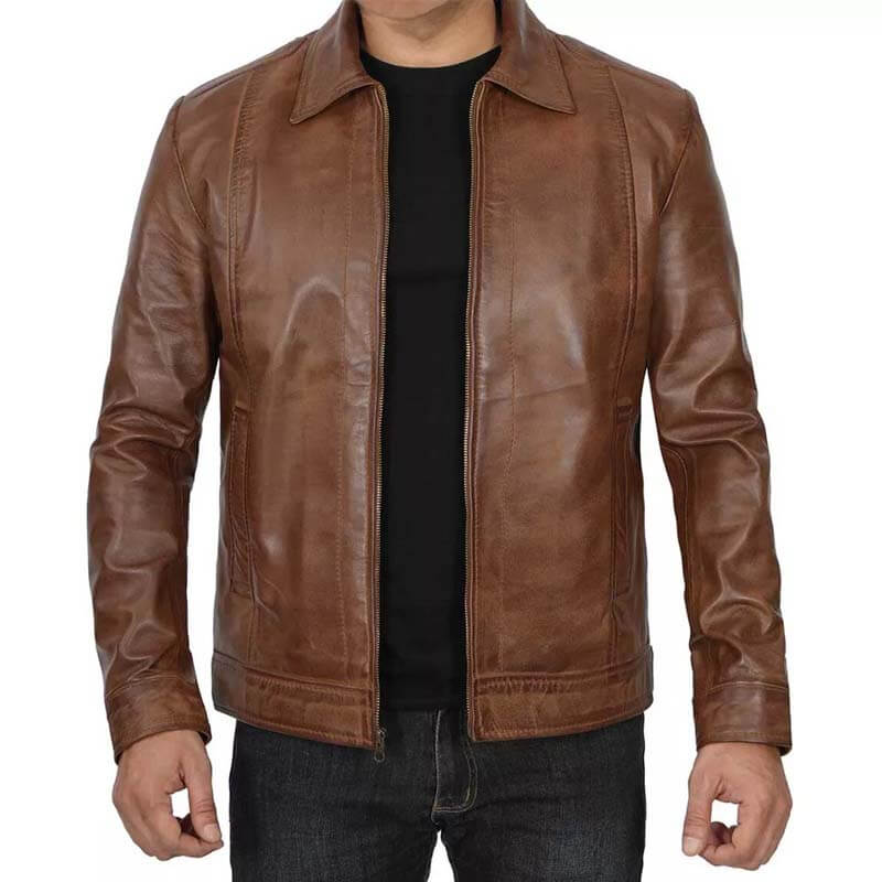 Men's Genuine Distressed Brown Cafe Racer Leather Jacket - AMSEL LEATHERS