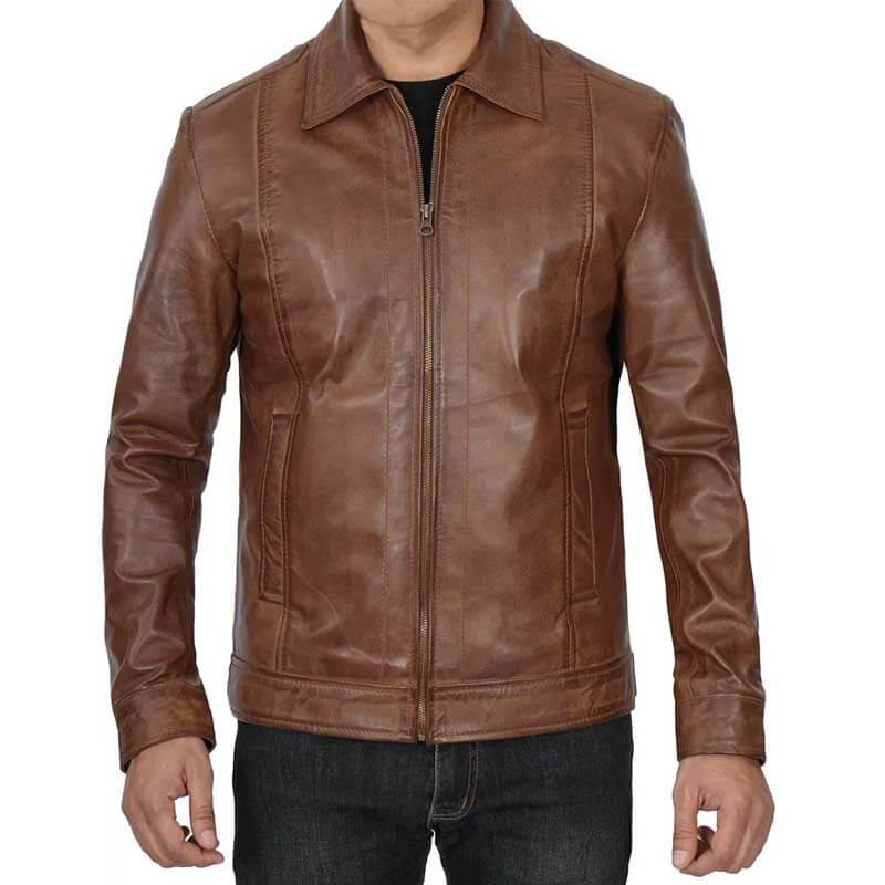 Men's Genuine Distressed Brown Cafe Racer Leather Jacket - AMSEL LEATHERS