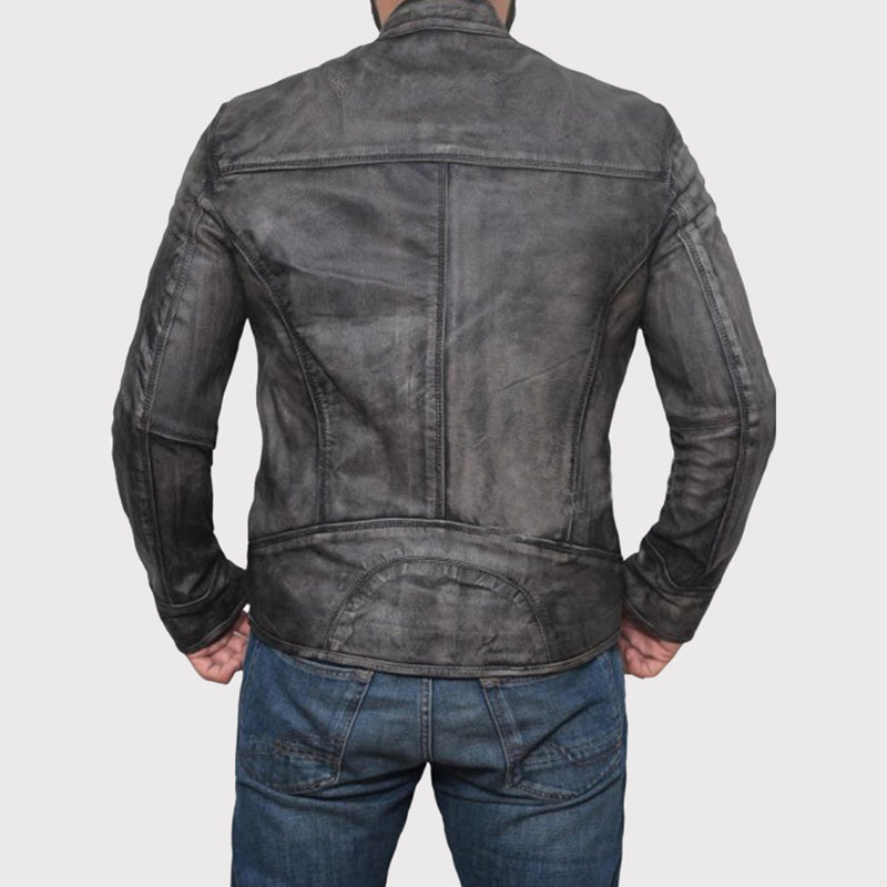 Distressed Dark Grey Slim Lamb Leather Biker Jacket - AMSEL LEATHERS