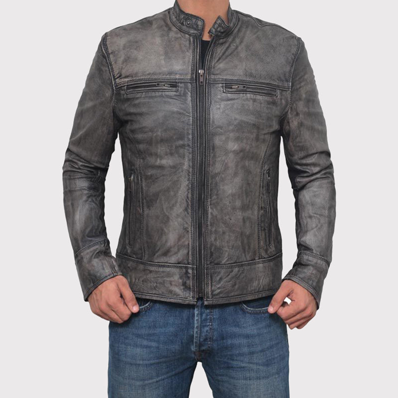 Distressed Dark Grey Slim Lamb Leather Biker Jacket - AMSEL LEATHERS