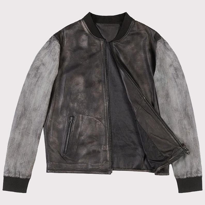 Distressed Varsity Style Leather Baseball Jacket - AMSEL LEATHERS