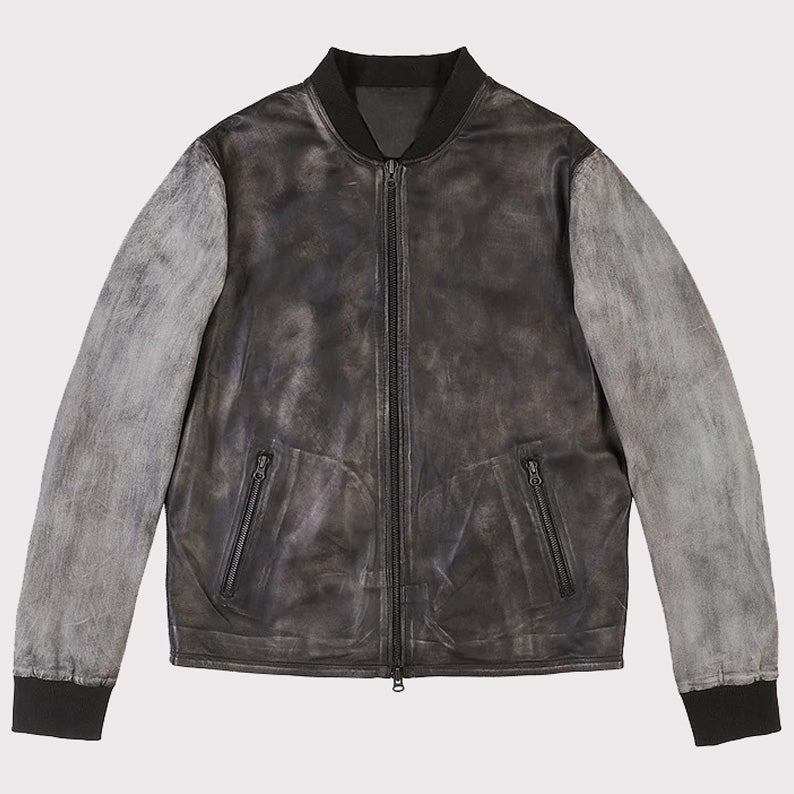 Distressed Varsity Style Leather Baseball Jacket - AMSEL LEATHERS