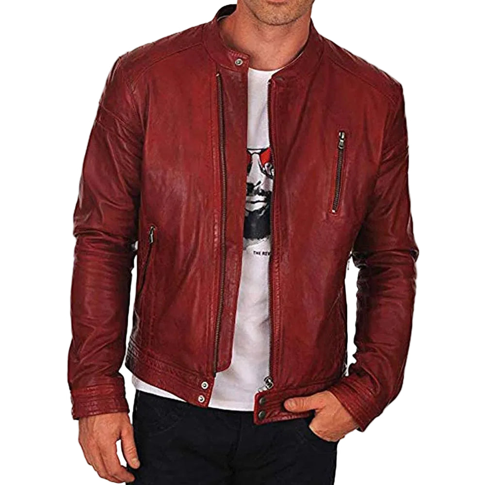 • red racer leather jacket mens front view
