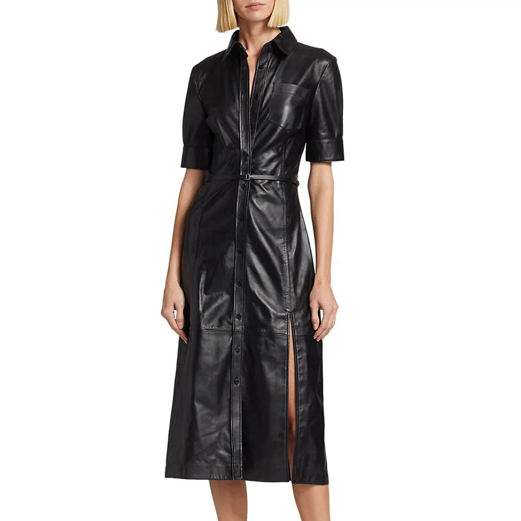 Black Button Down Leather Dress - Fall Edition - AMSEL LEATHERS