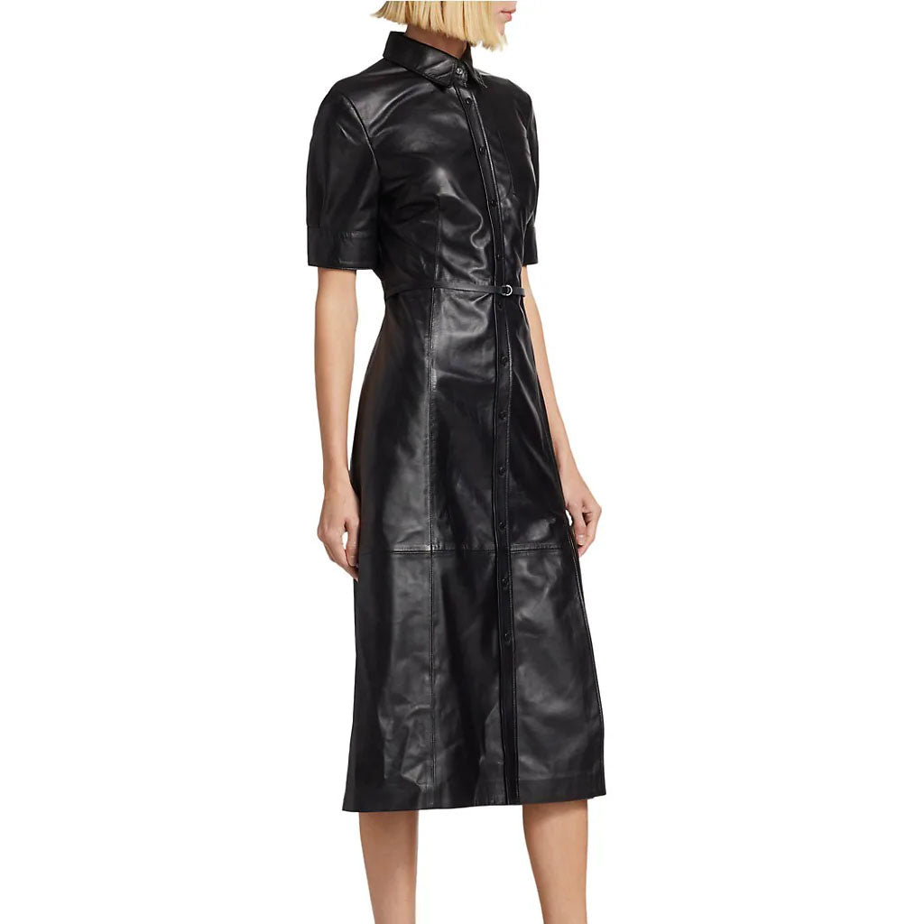 Black Button Down Leather Dress - Fall Edition - AMSEL LEATHERS