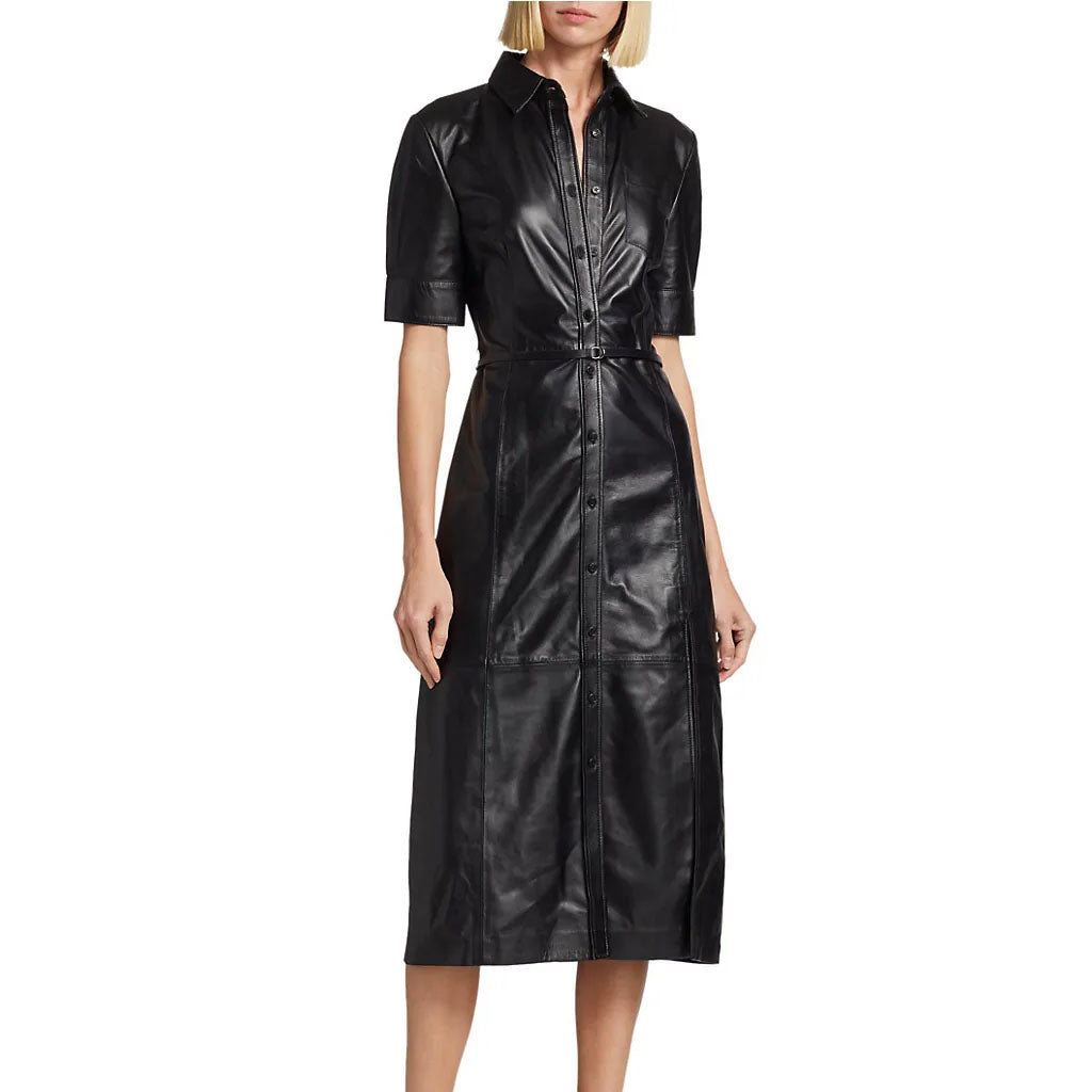 Black Button Down Leather Dress - Fall Edition - AMSEL LEATHERS