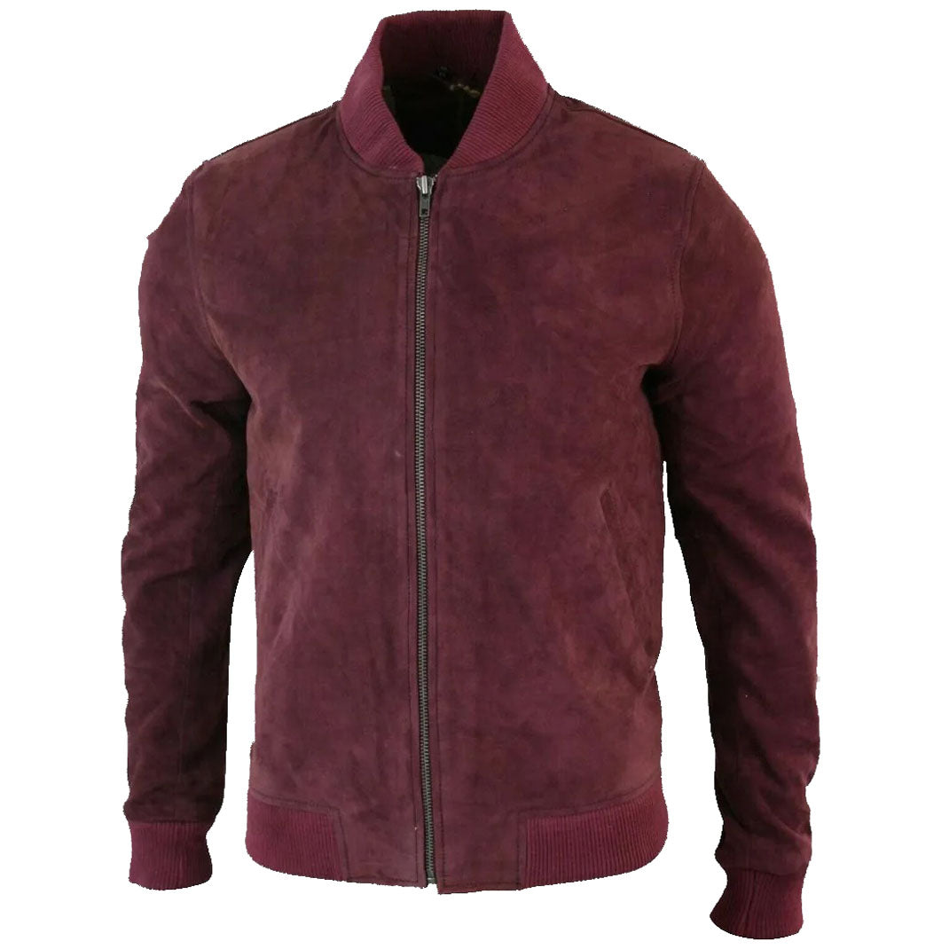 Fashion Buckskin Burgundy Goat Suede Leather Bomber Jacket - AMSEL LEATHERS