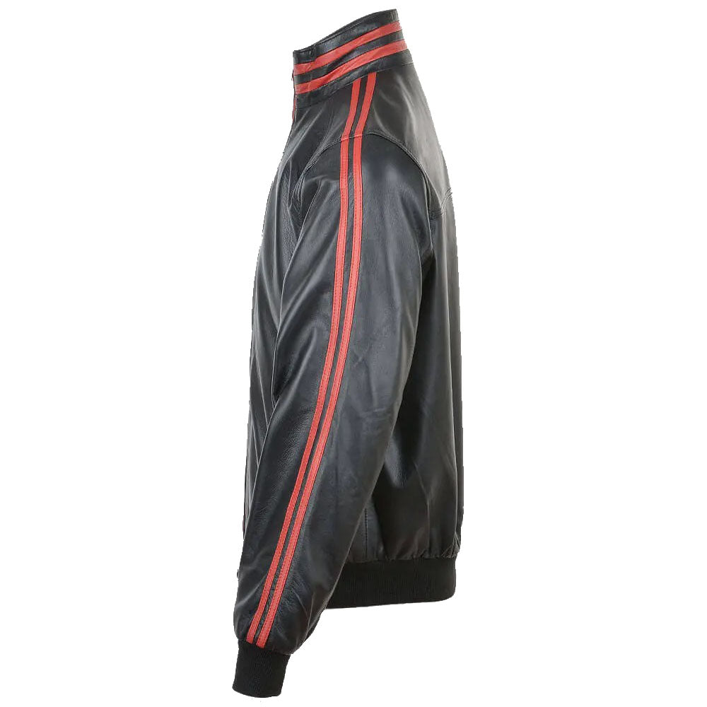 Fashion Red Striped Collar Leather Bomber Jacket - AMSEL LEATHERS