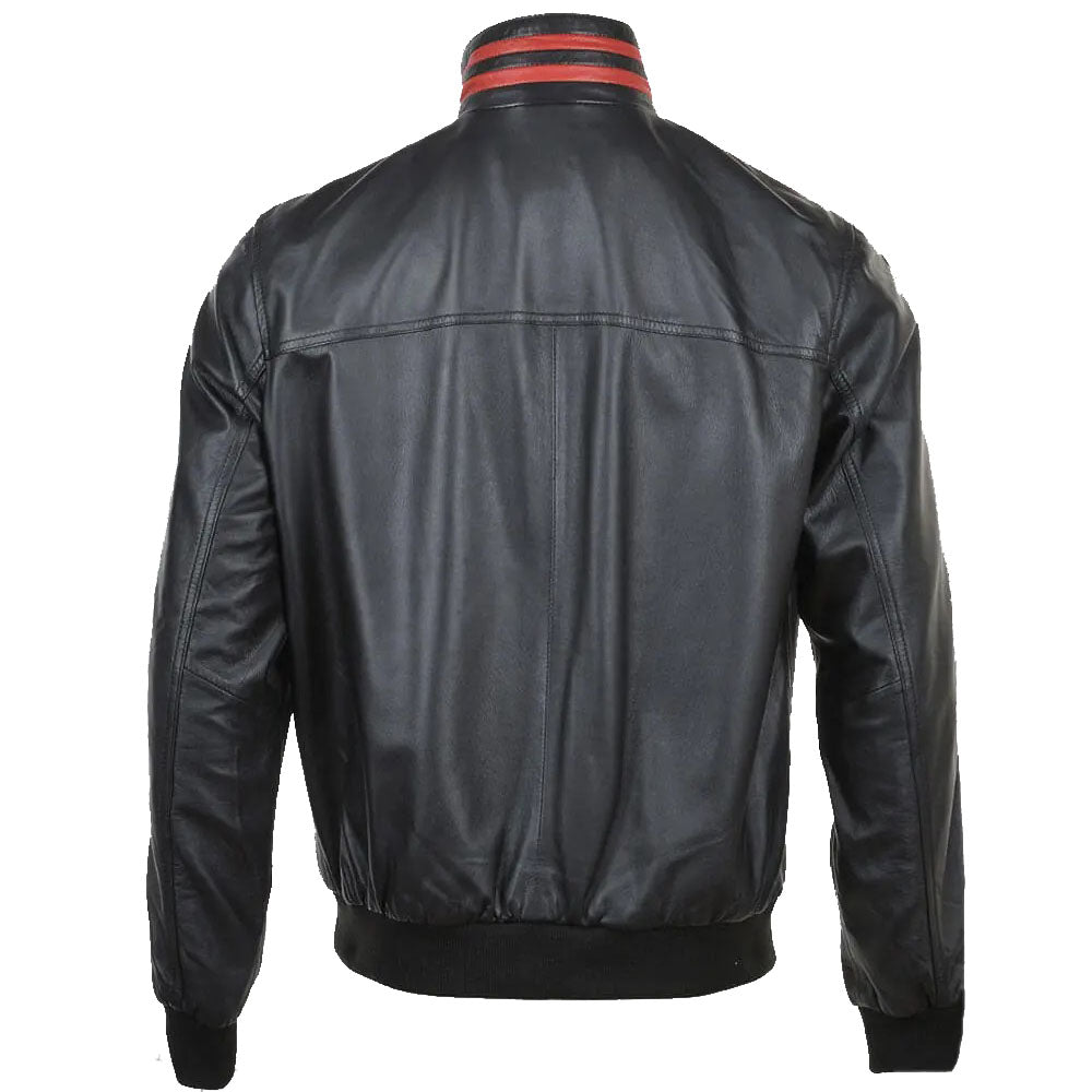 Fashion Red Striped Collar Leather Bomber Jacket - AMSEL LEATHERS