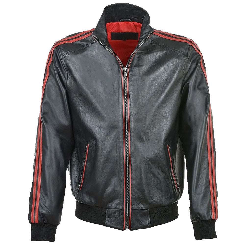 Fashion Red Striped Collar Leather Bomber Jacket - AMSEL LEATHERS