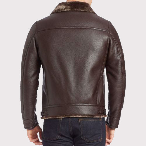 Faux Fur-Lined Brown Leather Bomber Jacket - AMSEL LEATHERS