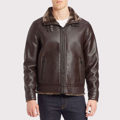 Faux Fur-Lined Brown Leather Bomber Jacket - AMSEL LEATHERS