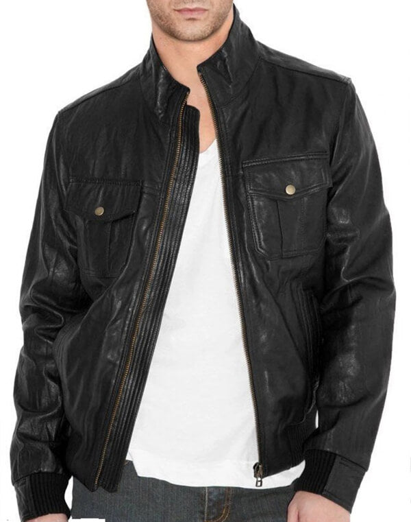 Fitted Bomber Style Black Leather Jacket for Men - AMSEL LEATHERS