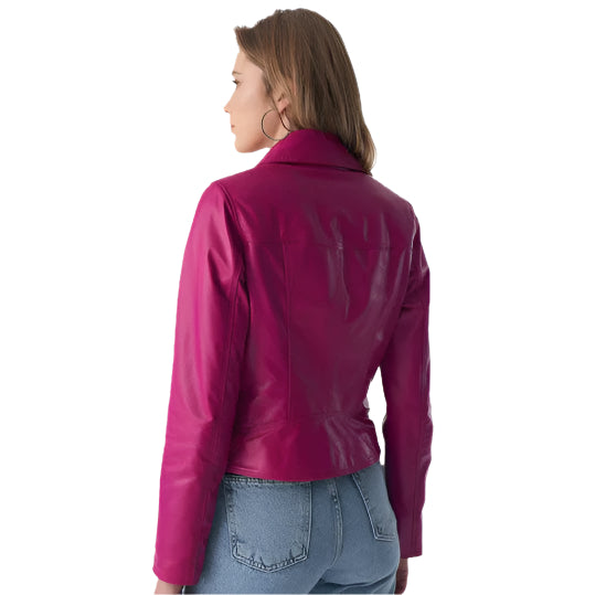 Fuchsia Nappa Leather Women's Classic Biker Jacket - AMSEL LEATHERS